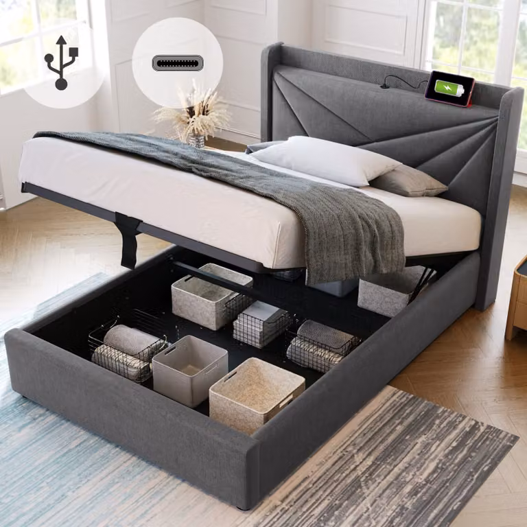 okwish Letto singolo imbottito 90x200 cm, con vano portaoggetti integrato, testiera con funzione di ricarica USB Type-C, struttura in legno massello con rete, grigio (senza materasso)