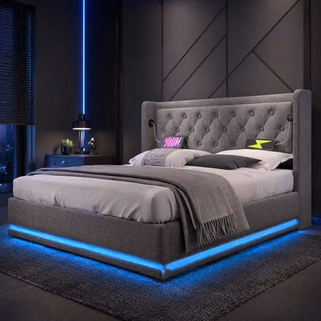 Letto matrimoniale imbottito MODFU in cotone grigio con contenitore, illuminazione LED e porta USB Type-C, L/P: 180 x 200 cm