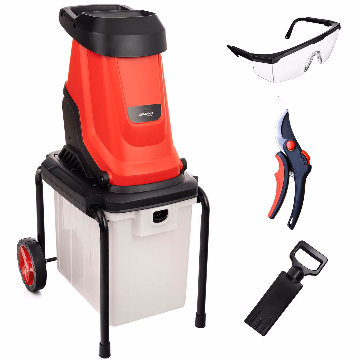 Trituratore elettrico LEHMANN, 3000 W, 4500 giri/min per rami fino a 45 mm, contenitore di raccolta da 50 L, telaio con ruote