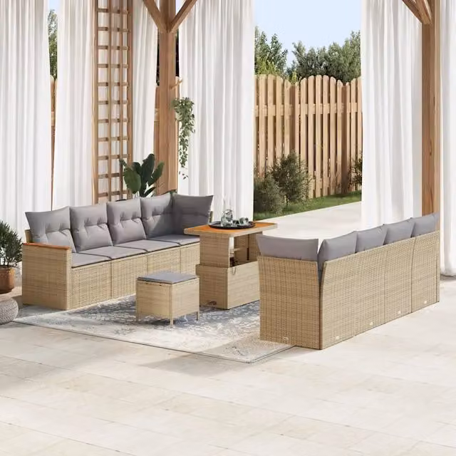 Set Divano da Giardino Moderno vidaXL 12 Pezzi Beige con Cuscini e Tavolino da Esterno in Acciaio Verniciato a Polvere