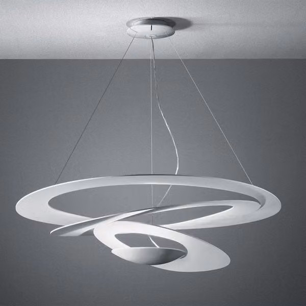 Lampada a sospensione Artemide Pirce, design moderno in metallo, bianca e oro, con luce LED dimmerabile e altezza regolabile