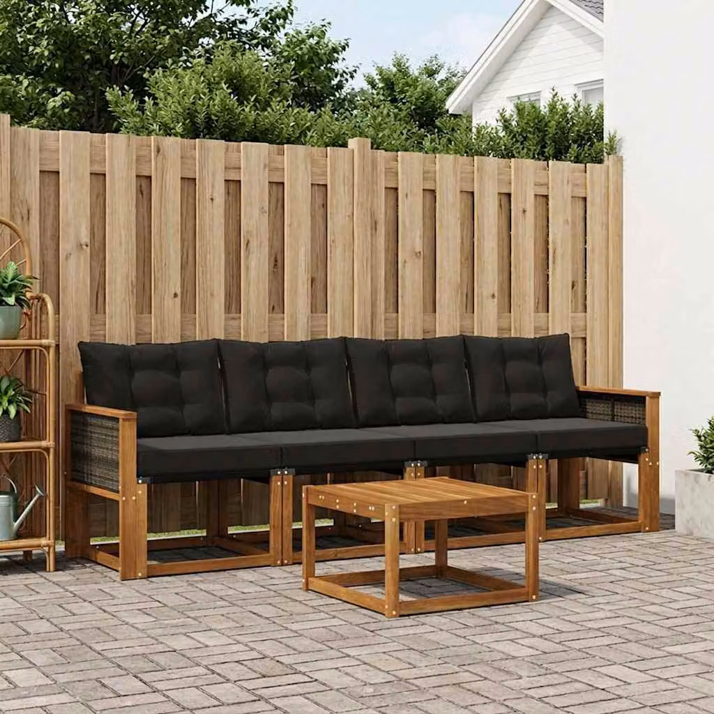 Set di divani da esterno vidaXL 5 pezzi in legno di acacia e textilene, colore marrone e nero, con cuscini inclusi e tavolino da caffè