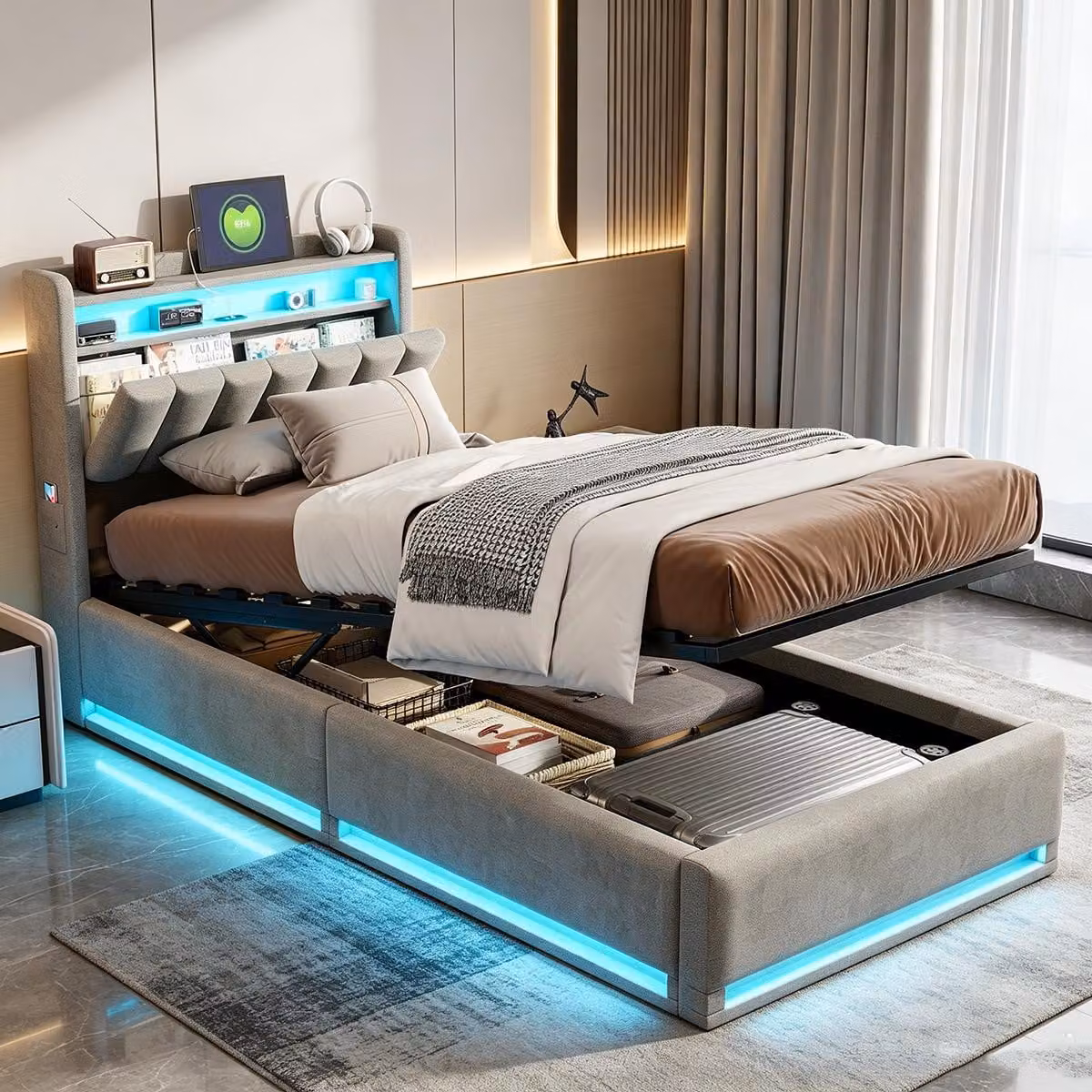 Letto con boxspring INONEFT, 90x200 cm, con LED e USB, imbottito con spazio contenitore, sistema di sollevamento idraulico, rivestito in velluto, colore grigio.