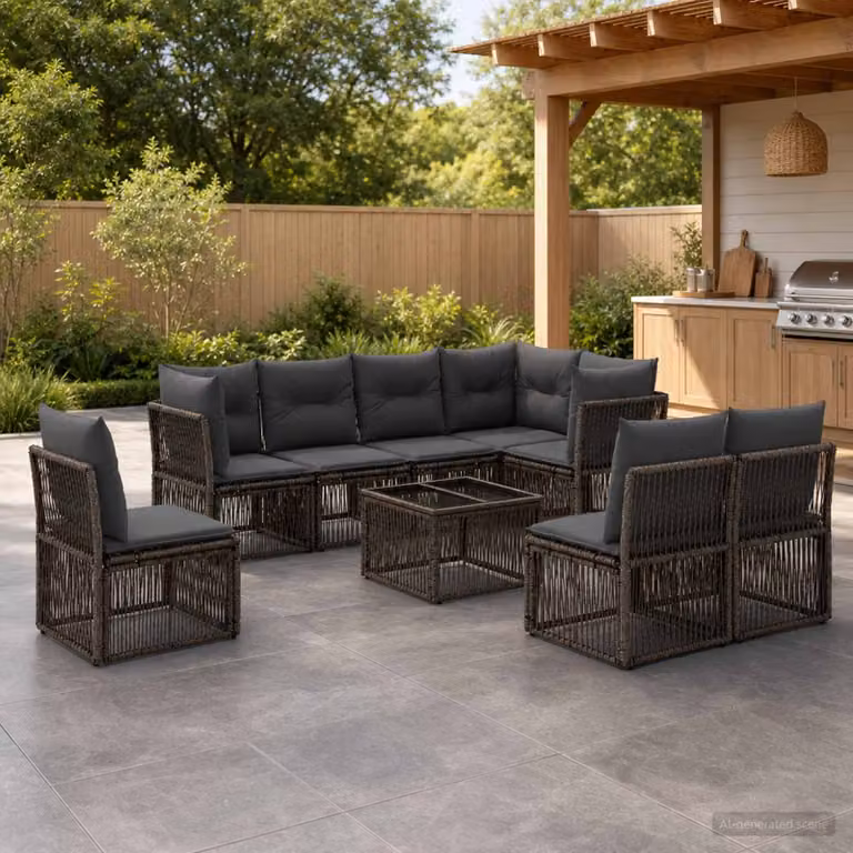 Set Divano da Giardino vidaXL 9 pz Grigio con Tavolino e Cuscini in Polyrattan e Metallo