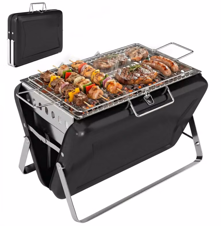 Barbecue a carbonella in acciaio inossidabile con affumicatore, griglia, manico e gambe pieghevoli, ideale per barbecue e campeggio – 40x28x25,5 cm – Nero