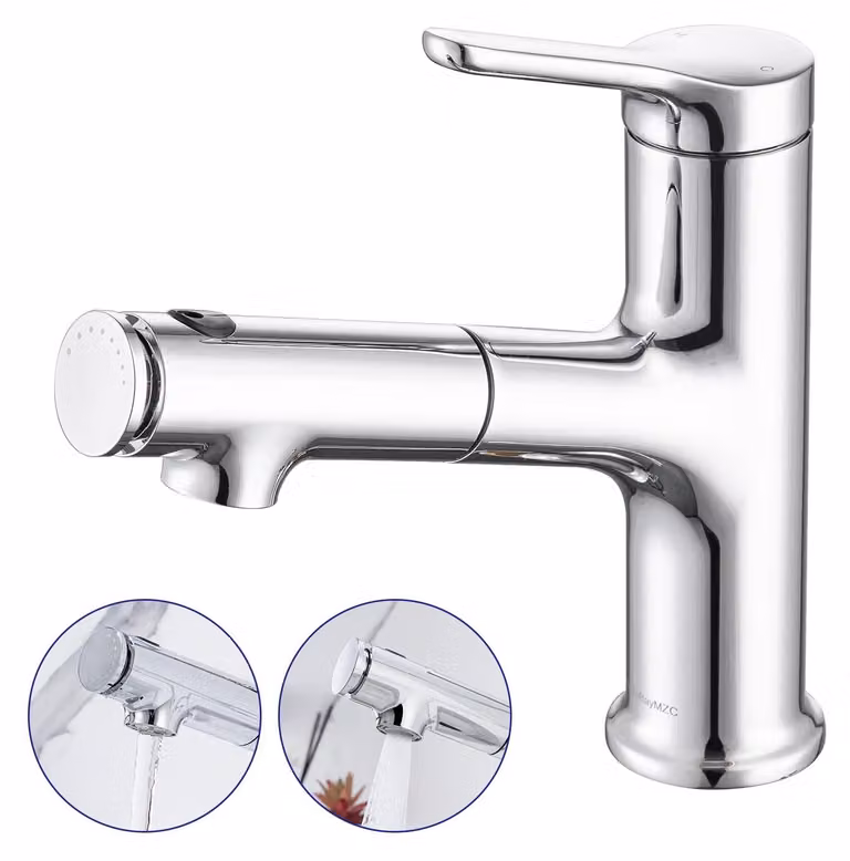 Miscelatore monocomando estraibile per lavabo, con 3 tipi di getto, finitura cromata