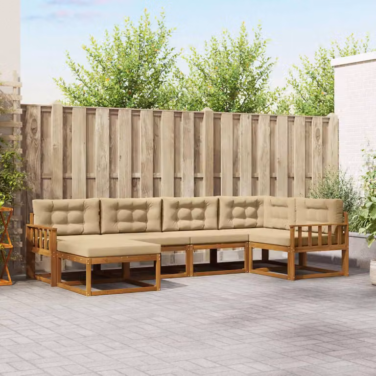 Set di divani da esterno vidaXL a forma di L composto da 6 pezzi in legno di acacia con cuscini beige