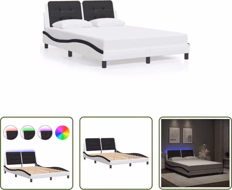 The Living Store Struttura letto con LED bianco e nero 140x200 cm in ecopelle