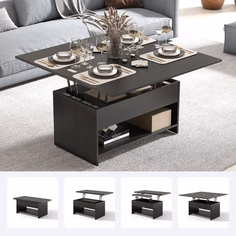 Tavolino regolabile in altezza, 3-in-1, color marrone fumo, tavolino da caffè con spazio contenitivo