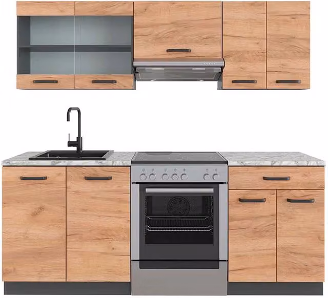 Cucina componibile R-Line Rovere dorato/Antracite 200 cm, PL Marmo Vicco