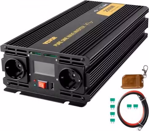 Invertitore a Onda Sinusoidale Pura VEVOR 2500W GYS-2500W da 12V CC a 230V CA con Display LCD e Telecomando, Colore Nero