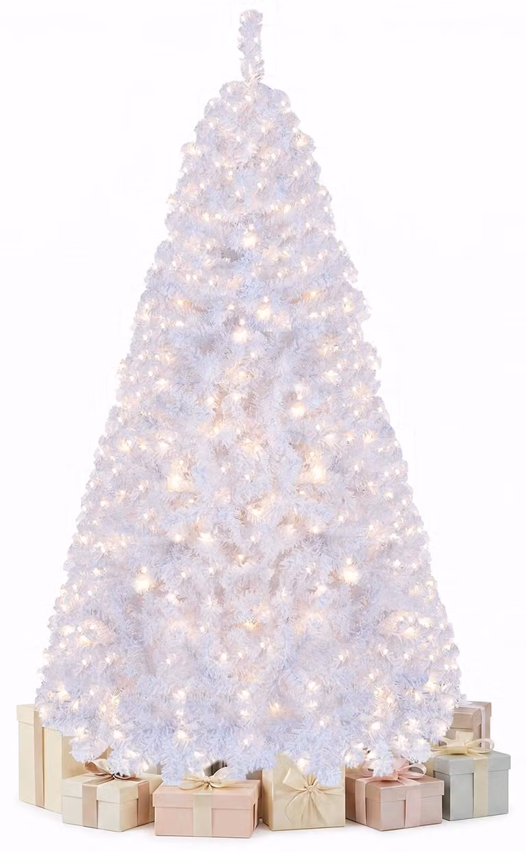 Albero di Natale artificiale COSTWAY con effetto neve, altezza 180 cm, abete decorato con 230 luci LED bianco caldo, 8 modalità di illuminazione, 770 punte e base bianca