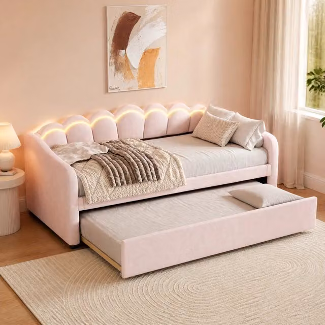 Letto da giorno ULEVR 90x200 cm con letto estraibile 90x190 cm, LED regolabile e rivestimento in velluto rosa