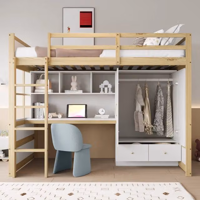 Letto a soppalco in legno 90x200 cm con scala; scrivania; armadio e cassetti; colore legno naturale