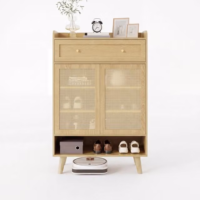Mobile scarpiera in stile scandinavo con 2 ante, 1 cassetto e vano aperto, finitura rovere chiaro opaco, L: 80 cm, H: 105 cm, P: 35 cm