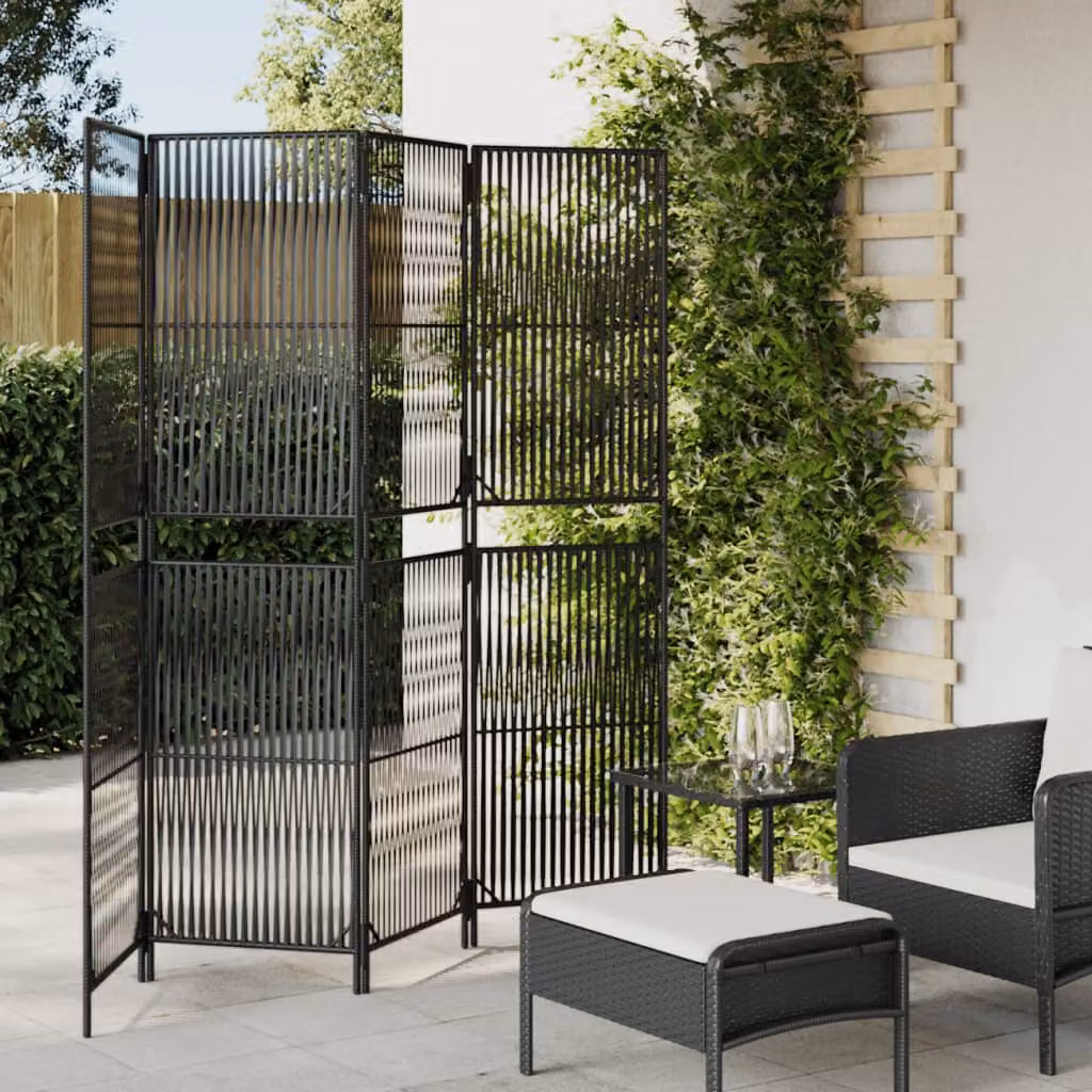 Divisorio per ambienti vidaXL a 4 pannelli in polyrattan e metallo nero, H: 180 cm x H: 196 cm