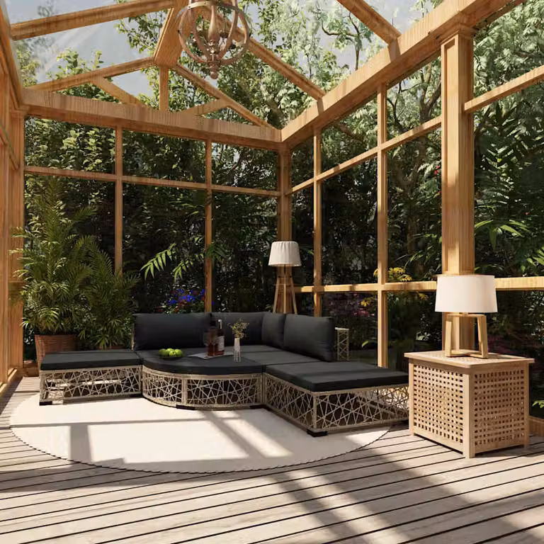 Set di divani da giardino vidaXL a forma di L composto da 6 pezzi con cuscini in polyrattan e struttura in metallo grigio
