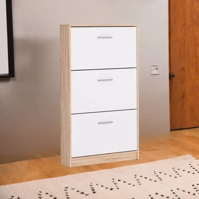 Scarpiera Nepo Effezeta Italia con 3 scomparti a ribalta, colore rovere e bianco, L: 120 cm, H: 69,5 cm, P: 17,5 cm