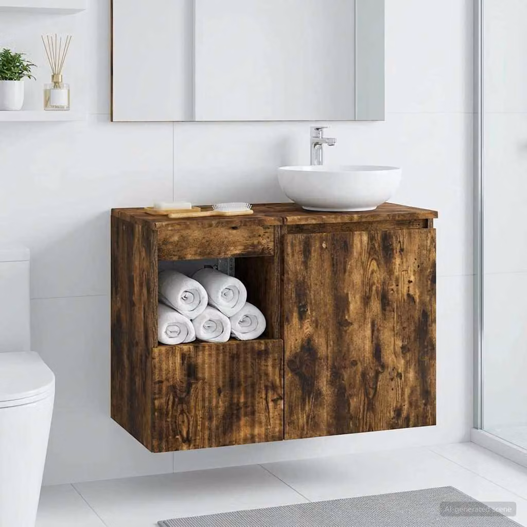 Mobile da bagno vidaXL in legno Rovere Fumo con ante a battente e ripiani interni, L 30 cm x P 41 cm x H 50 cm