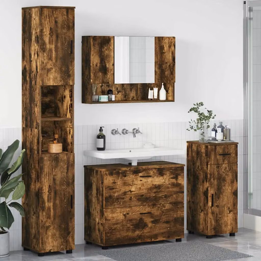 Set di mobili per il bagno vidaXL 4 pezzi in rovere fumé con mobile lavabo, armadietto con specchio, mobile laterale e colonna alta – 1