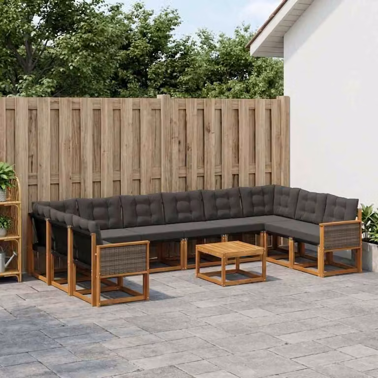 vidaXL Set di divani da esterno 11 pz in legno di acacia con cuscini, colore marrone e nero