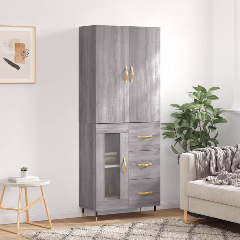 Credenza moderna vidaXL in legno multistrato Grigio Sonoma, L: 69,5 cm, P: 34 cm, H: 180 cm