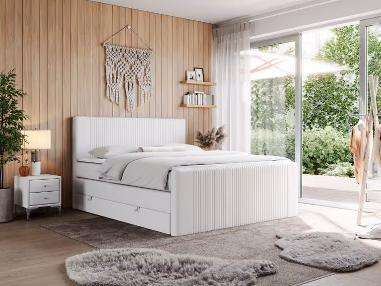 Letto con boxspring, matrimoniale, con materasso a multipocket e due contenitori per biancheria - KING DOREN - 120x200 cm - Bianco - Altezza 40 cm