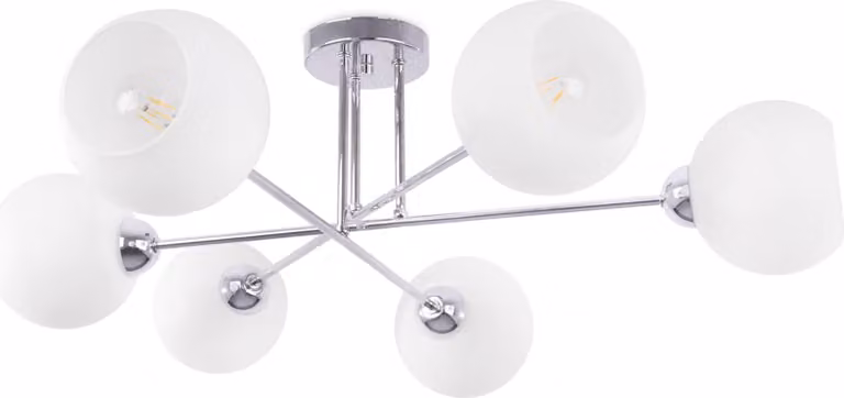 Lampada da soffitto Asturia cromata a 6 luci – Lampada da soffitto moderna con paralumi in vetro bianco E27 per soggiorno