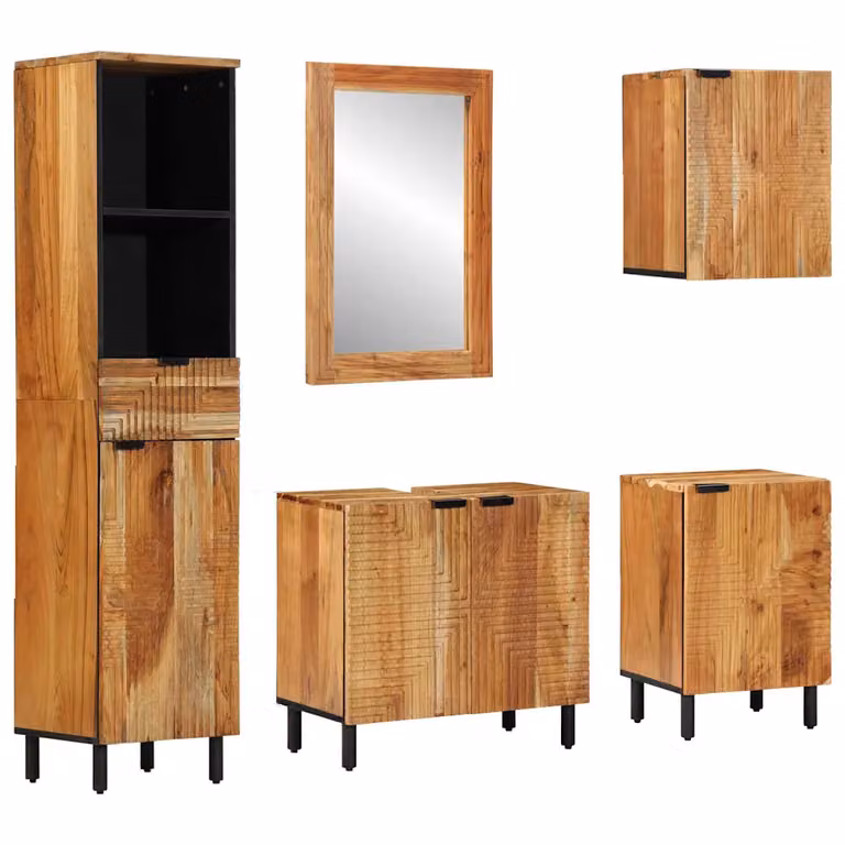 Set di 5 mobili da bagno vidaXL in legno di acacia marrone, comprensivo di mobile sottolavabo e colonne, L/P/H: 38 x 33 x 160 cm