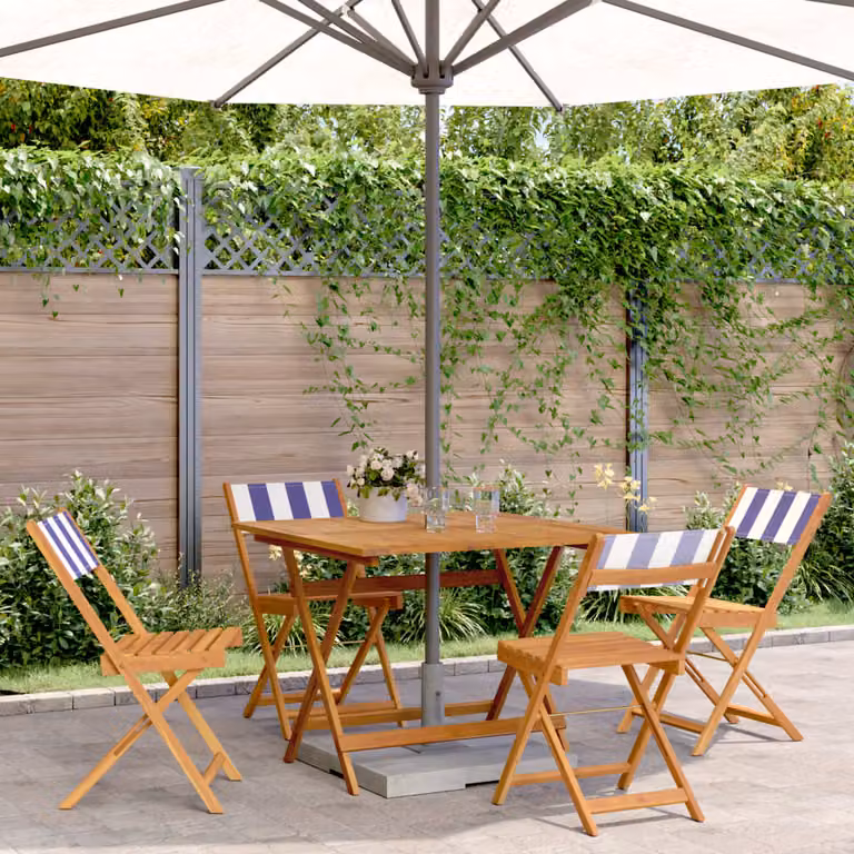 vidaXL Set Pranzo da Giardino 5pz in Legno di Acacia Olio con Tessuto Blu e Bianco a Righe