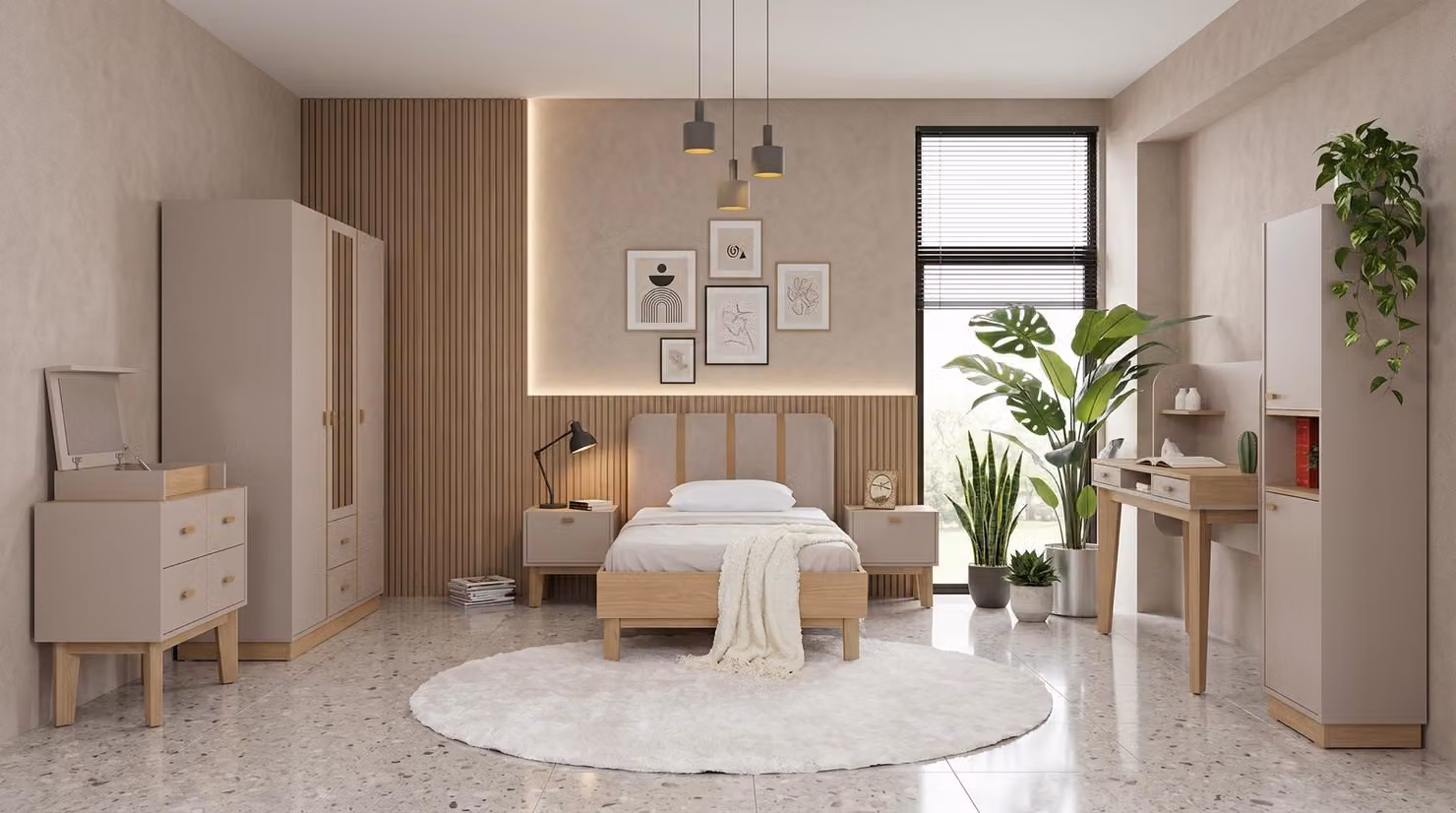 Camera da letto per adolescenti in tonalità beige: letto, armadio, comodini, cassettiera, scrivania