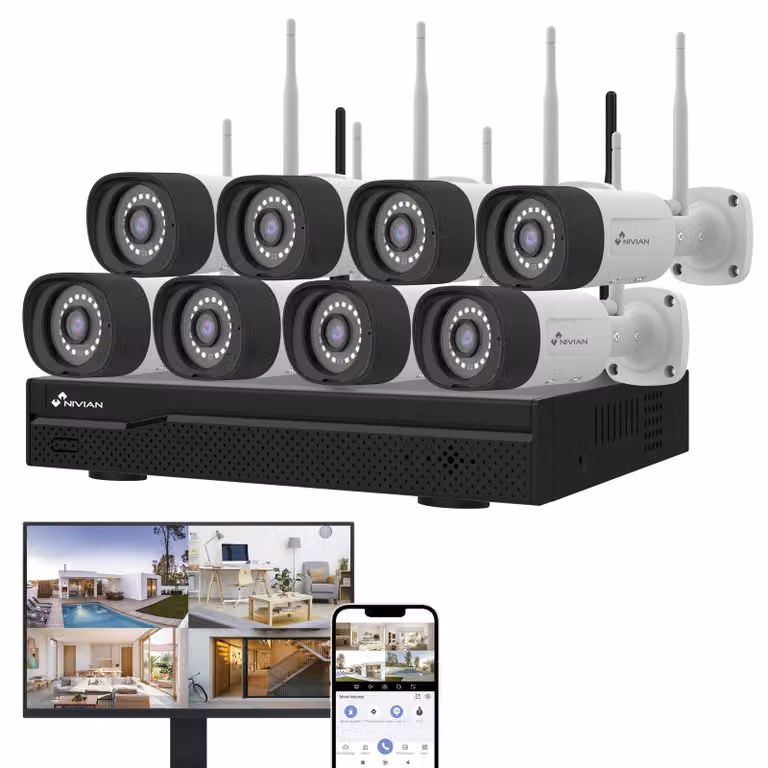 Kit di telecamere di sicurezza 2K Super HD - 8 telecamere wireless - Visione notturna - Ideale per casa e negozi