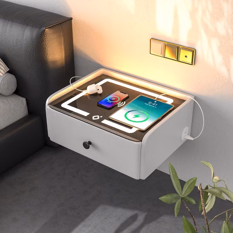 Comodino sospeso con funzione di ricarica Cassetto con effetto luce LED