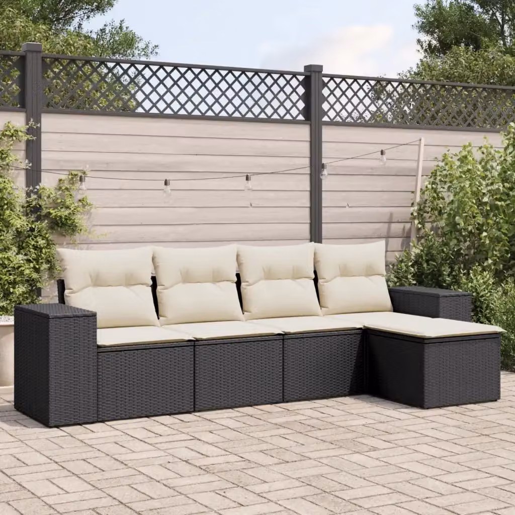 Set Salotto da Giardino Moderno a Forma di L con 5 Pezzi Design In, Colore Nero e Bianco, con Cuscini Imbottiti e Struttura in Metallo e Polyrattan – 2