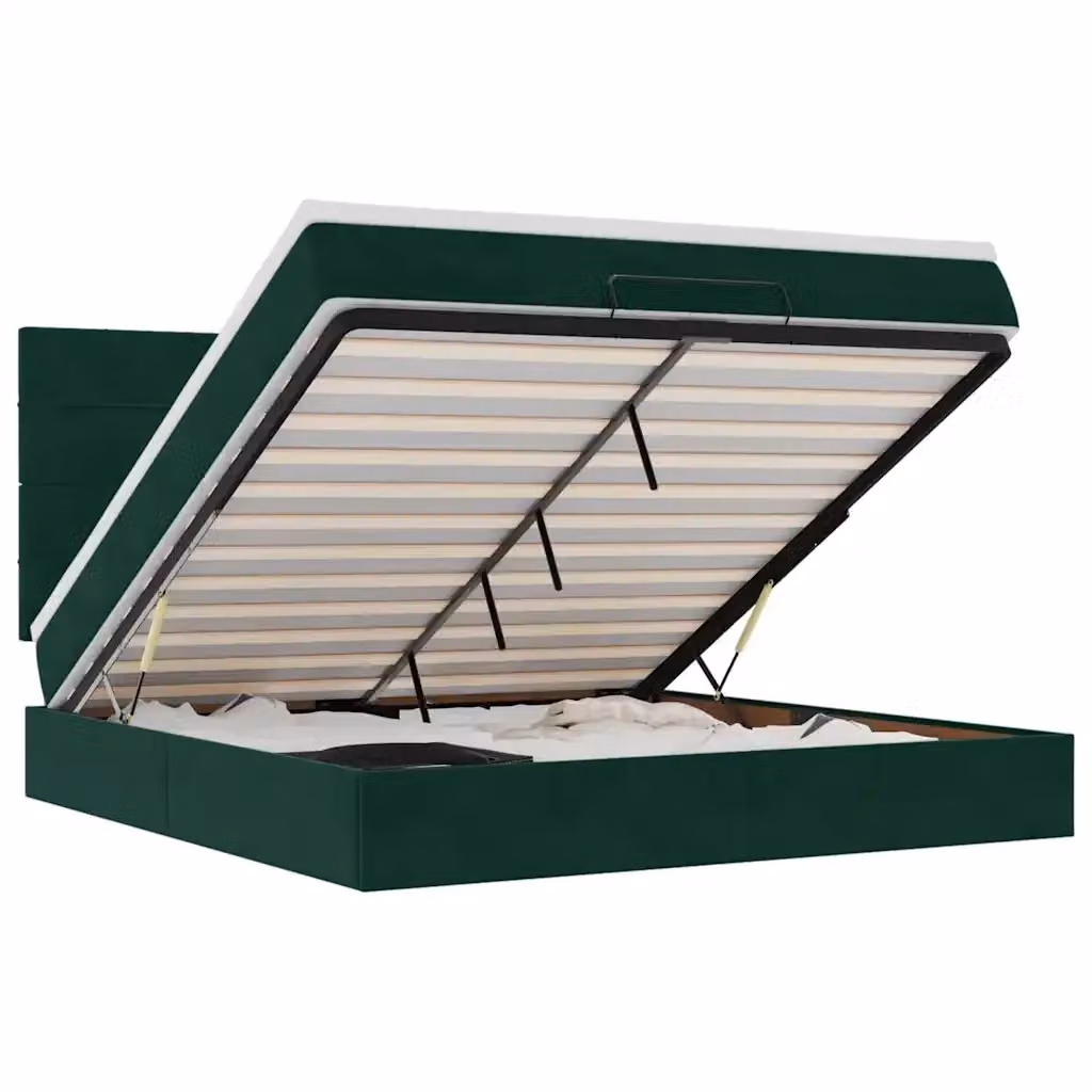 Letto con contenitore a sollevamento vidaXL in velluto verde e bianco con materasso, L: 160 cm, P: 200 cm, H: 128 cm, 203 cm, 280 cm – 2