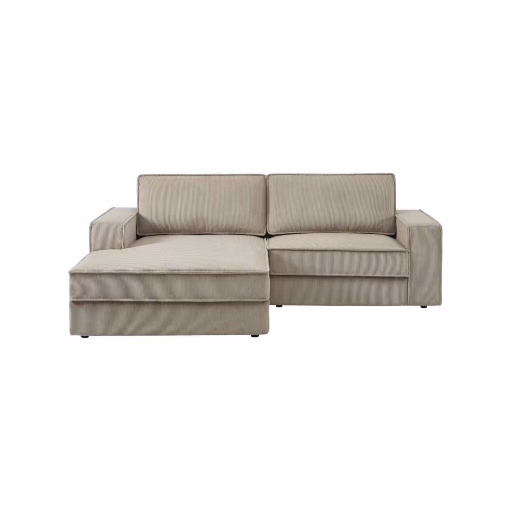 Divano angolare sinistro SWEEEK in velluto a coste beige, 3 posti con struttura in legno massiccio e cuscini inclusi, L 231 x P 156 x H 83 cm – 2