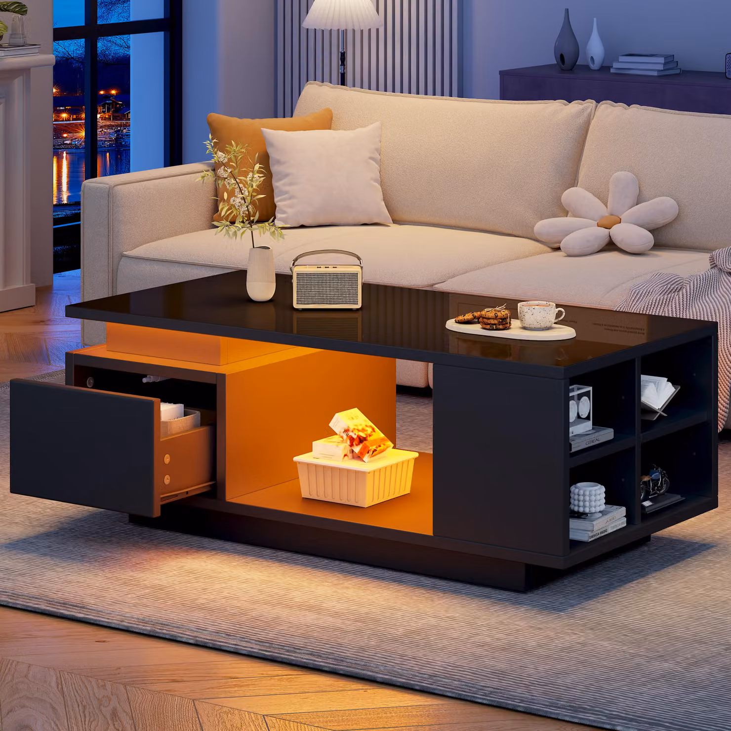 okwish Tavolino da salotto lucido con LED, tavolino con cassetto e quattro pannelli laterali perforati, 100×50×36 cm, nero