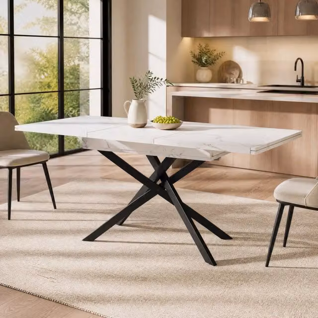Tavolo da pranzo allungabile REDOM moderno in MDF e metallo, Bianco e Nero, L: 120-160 cm, P: 80 cm, H: 76,5 cm