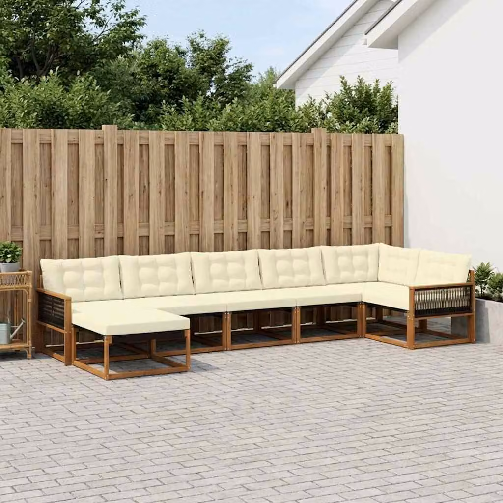 Set di divani da esterno vidaXL 7 pz in legno di acacia con cuscini beige e bianchi, design moderno a L con elementi angolari e pouf