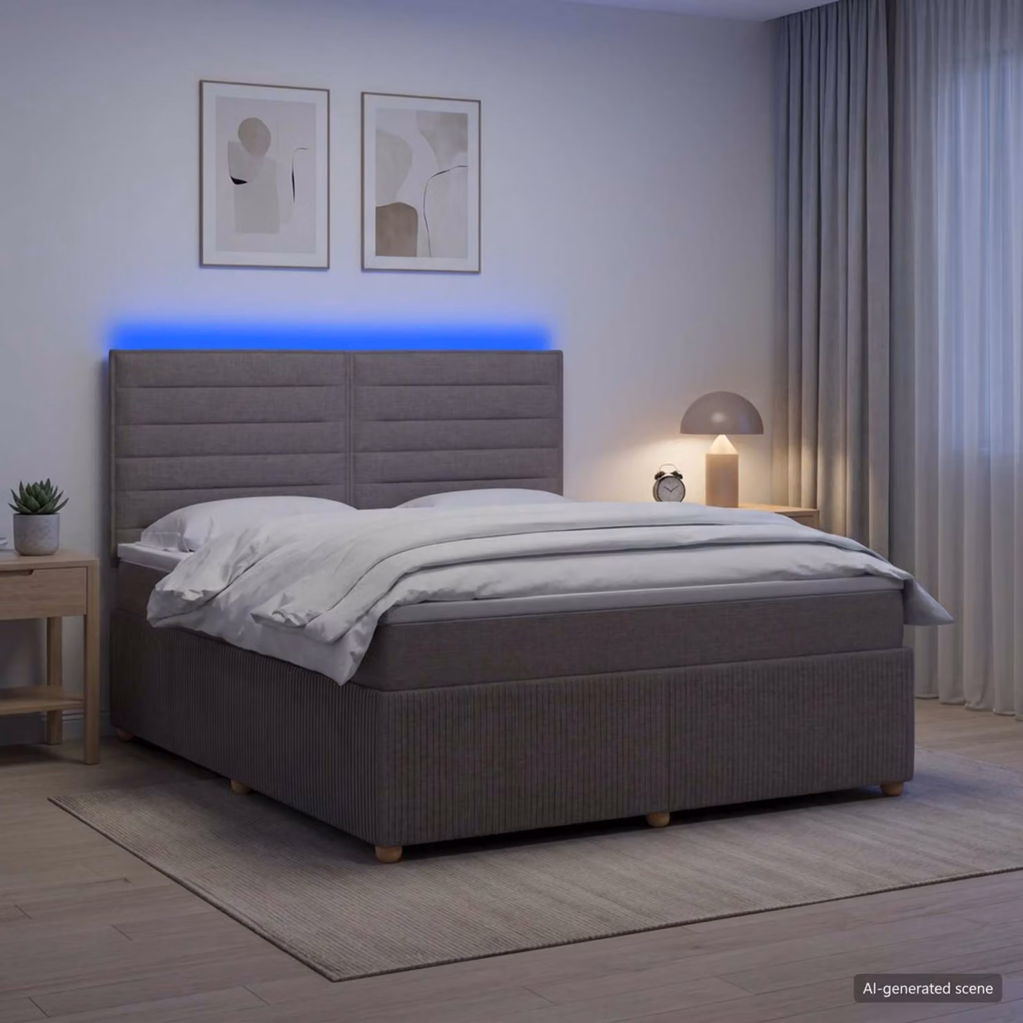 Letto Box Spring vidaXL con Materasso Ibrido e Illuminazione LED sotto il letto, Colore Tortora, L/P: 140 x 190 cm