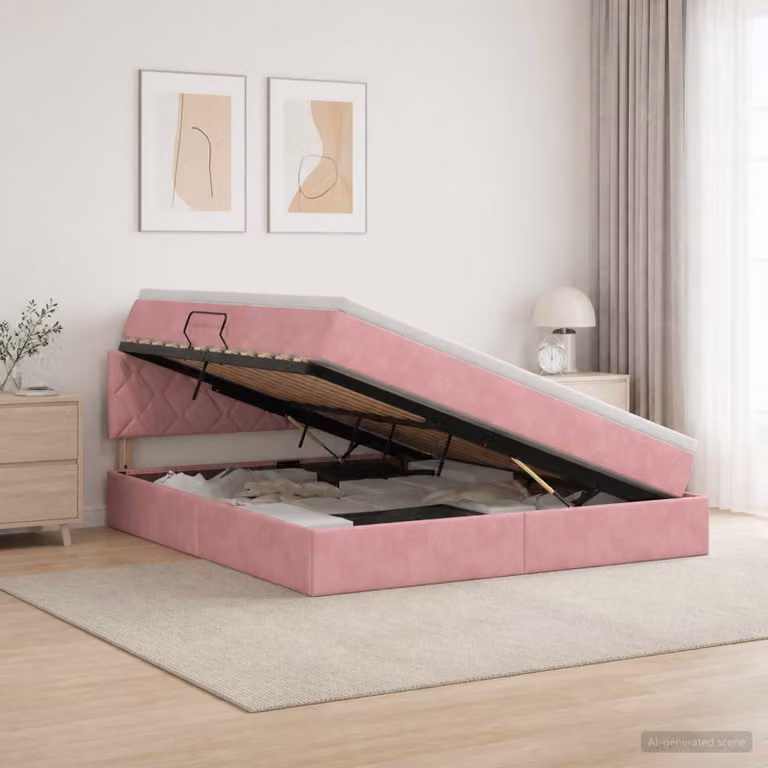 Letto con contenitore e testiera vidaXL in velluto rosa, L/P/H: 160 x 200 x 88 cm