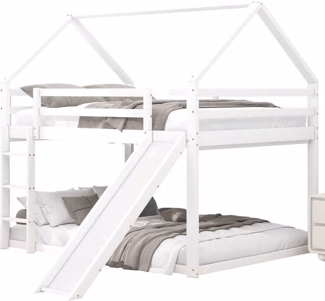 Letto a Castello 140x200 cm; 2 Posti con Scivolo e Scala; Casetta in Legno Bianco