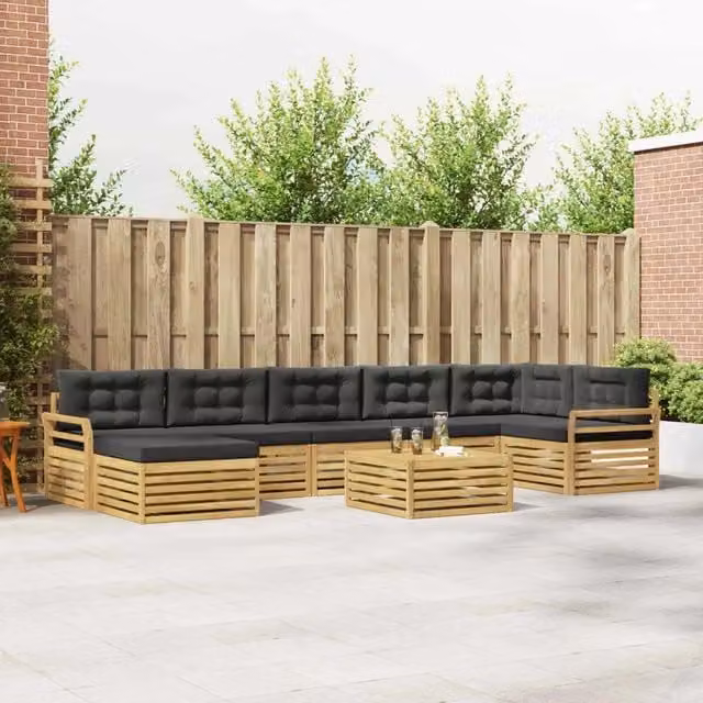 Set di divani da esterno vidaXL a forma di L composto da 8 pezzi con tavolo da caffè e pouf, colore bianco, antracite e marrone, in legno di acacia trattato con cuscini inclusi – 1
