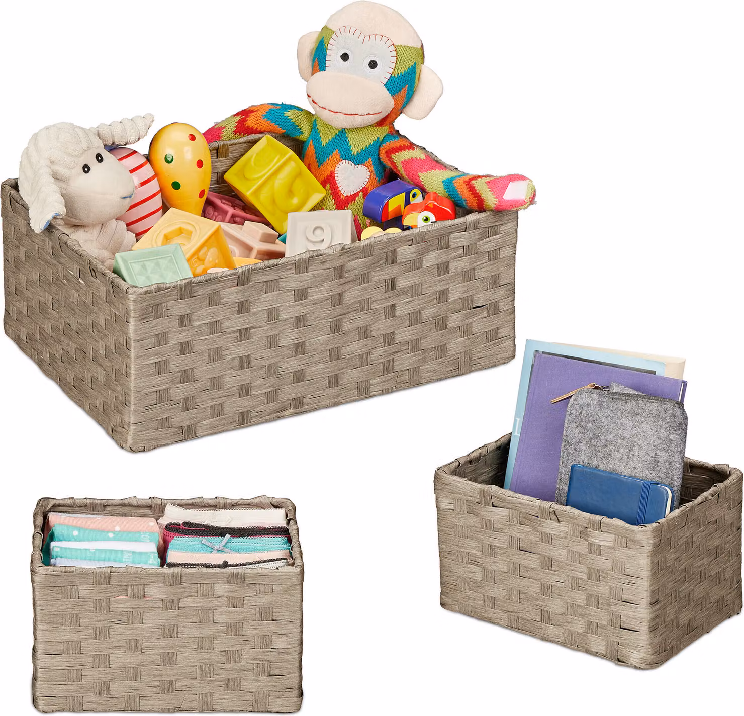 Cestini portaoggetti intrecciati Relaxdays, set da 3, 2 misure, cestini da bagno, per armadi e scaffali, corda di carta, cestini decorativi, grigio