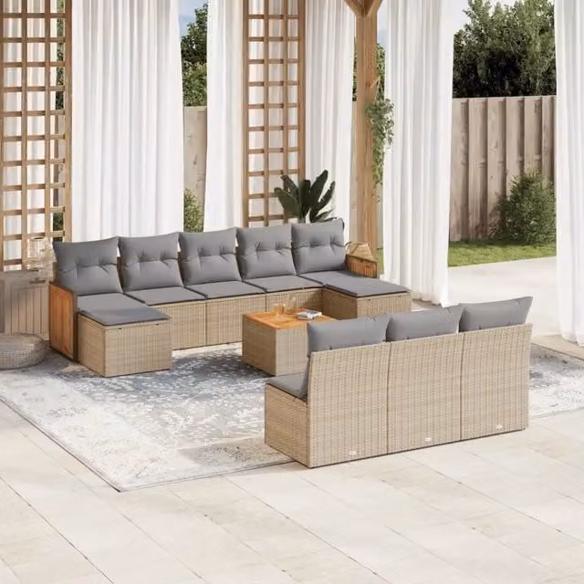 vidaXL Set Divani da Giardino 11 pz a Forma a U in Polyrattan con Cuscini Beige e Grigio