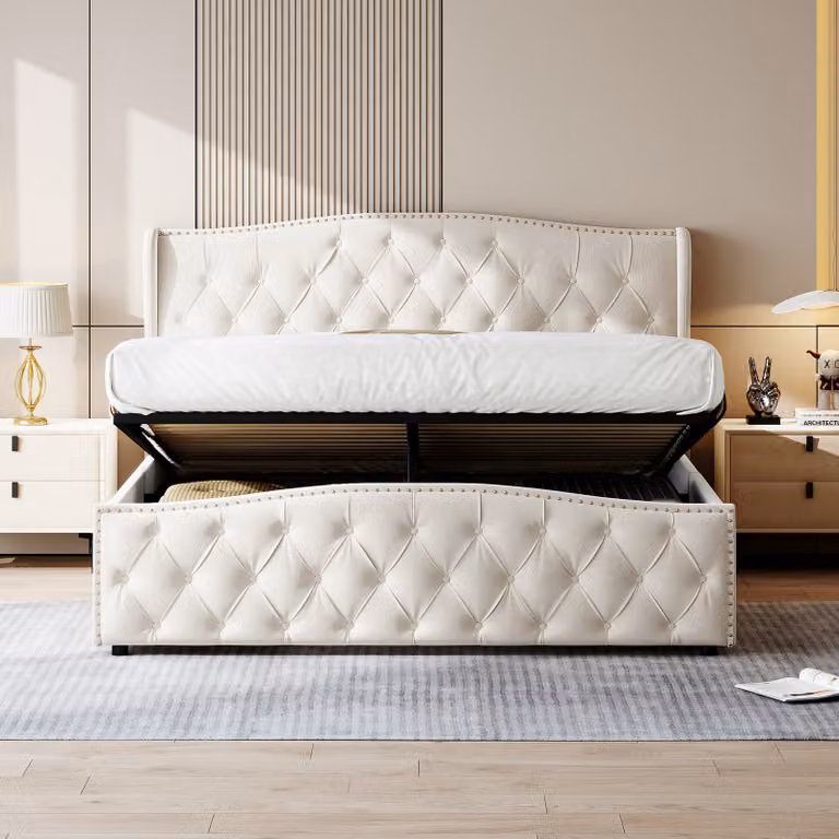 Letto imbottito 160x200cm con rete a doghe, letto a molle idrauliche con rete e contenitore, letto matrimoniale in velluto con contenitore letto funzionale, bianco