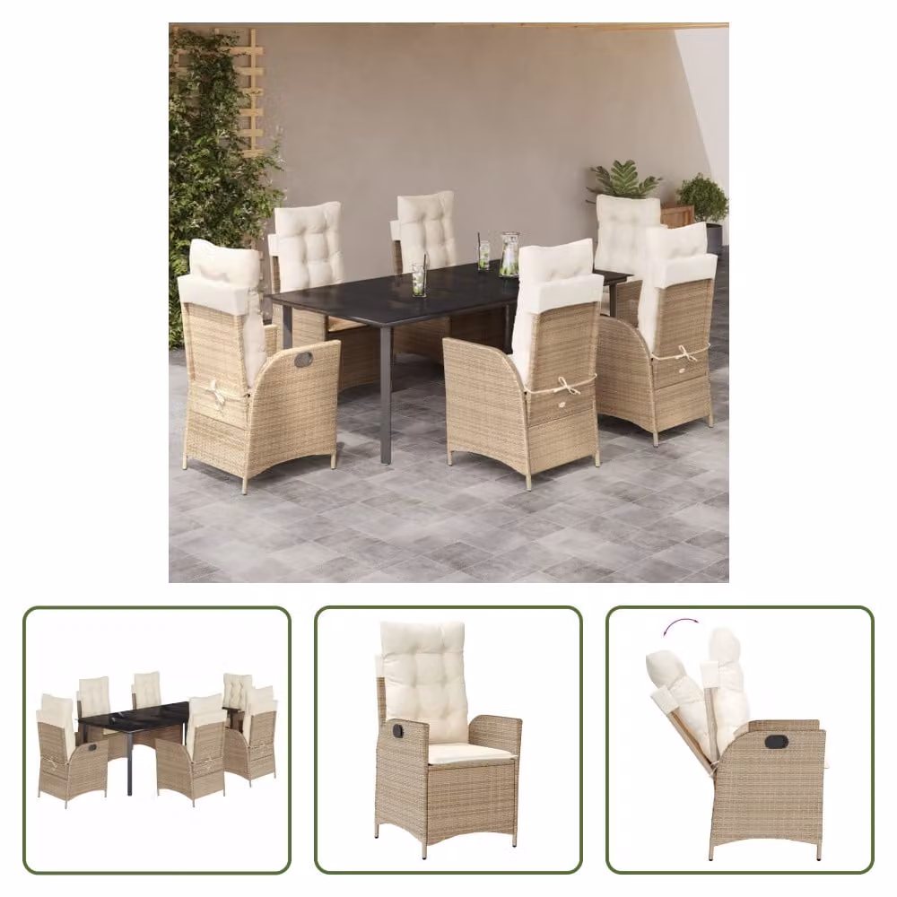 The Living Store Set da pranzo da giardino 7 pezzi con cuscini Beige poly rattan