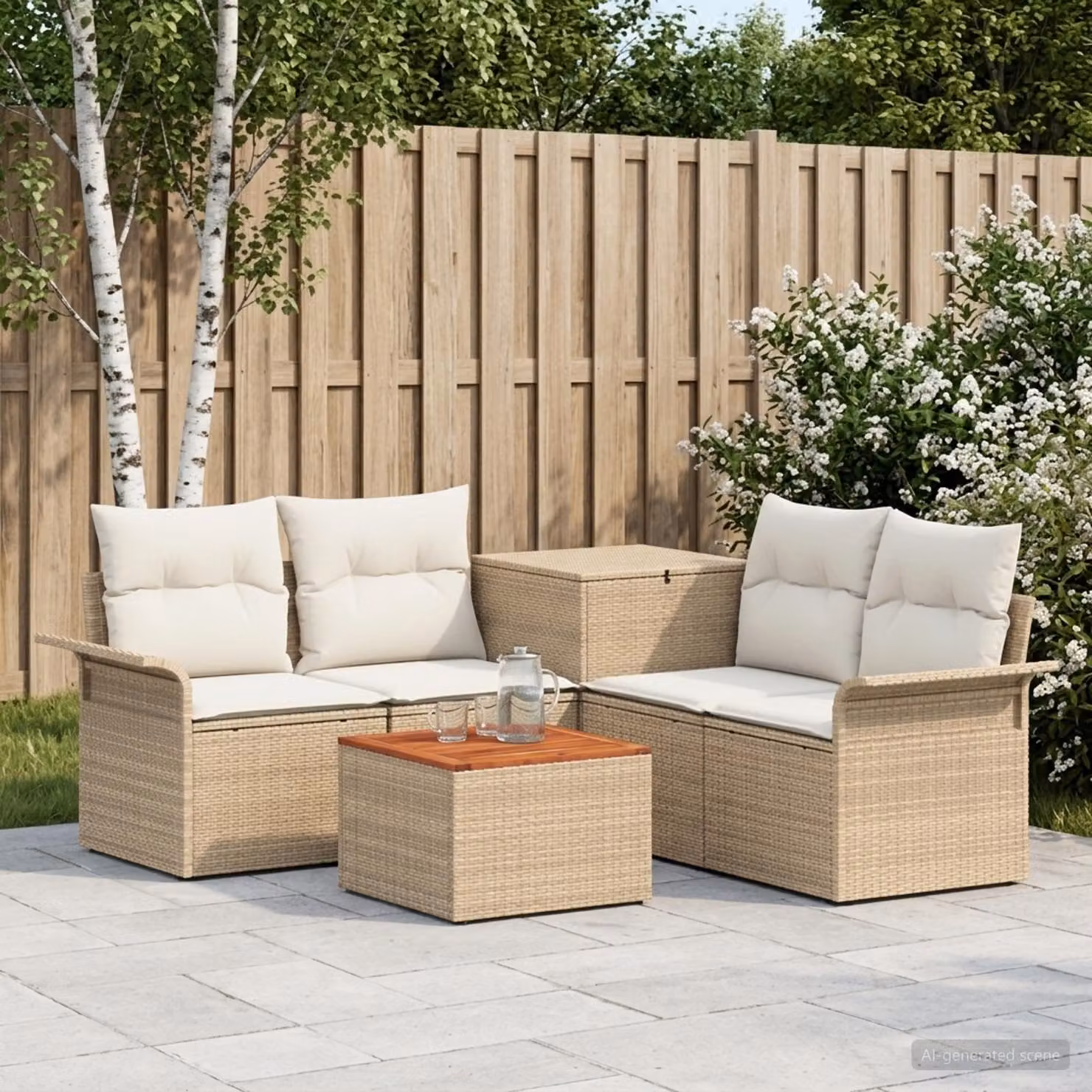 Set di divani da esterno vidaXL 6 pezzi con tavolino e cuscini, design moderno a L, colore beige e bianco crema
