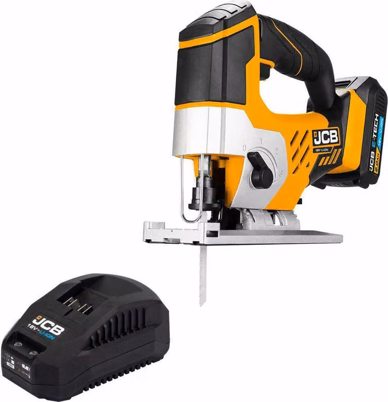 Seghetto alternativo a batteria JCB 18 V 2 Ah, utensile da taglio JCB per legno e acciaio, velocità fino a 2500 giri/min, impugnatura a T, batteria e caricabatterie inclusi, borsa per il trasporto.