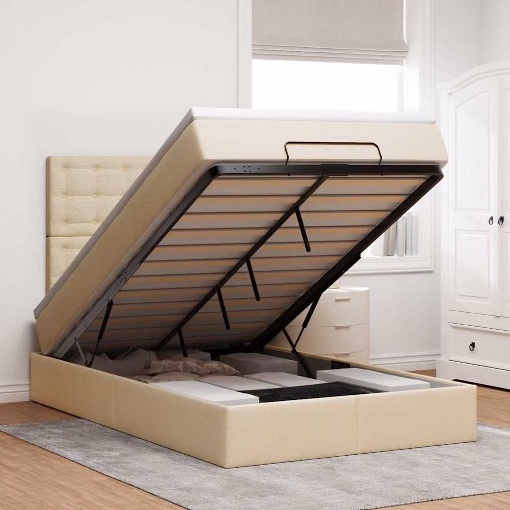 Letto con contenitore a sollevamento vidaXL in tessuto beige e bianco con materasso, L/P/H: 120 x 200 x 193 cm